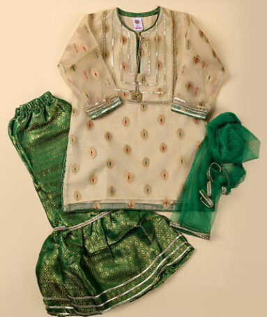 Fancy Gharara Glow 3 PCs Suit For Girls - Green