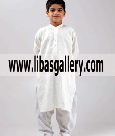 White Kids Kurta Shalwar Small Collar