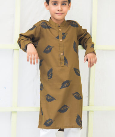 Brown Greenish Leaf Printed Kurta Pajama