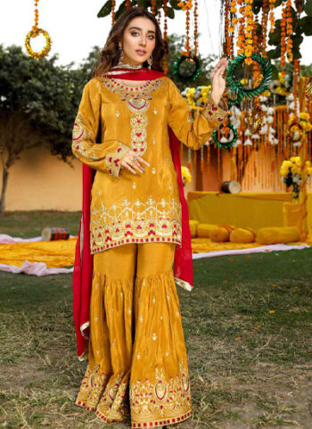 AKHROT | SHAADI COLLECTION - PRET - MUSTARD MAROON SHARARA SUIT