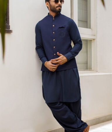 Navy Blue Boski Linen Kurta Shalwar